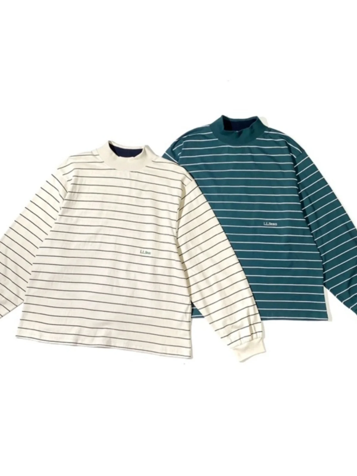 Camiseta de manga larga con cuello medio alto y rayas de edición limitada LLBean Collab para hombres y mujeres, camiseta de a...
