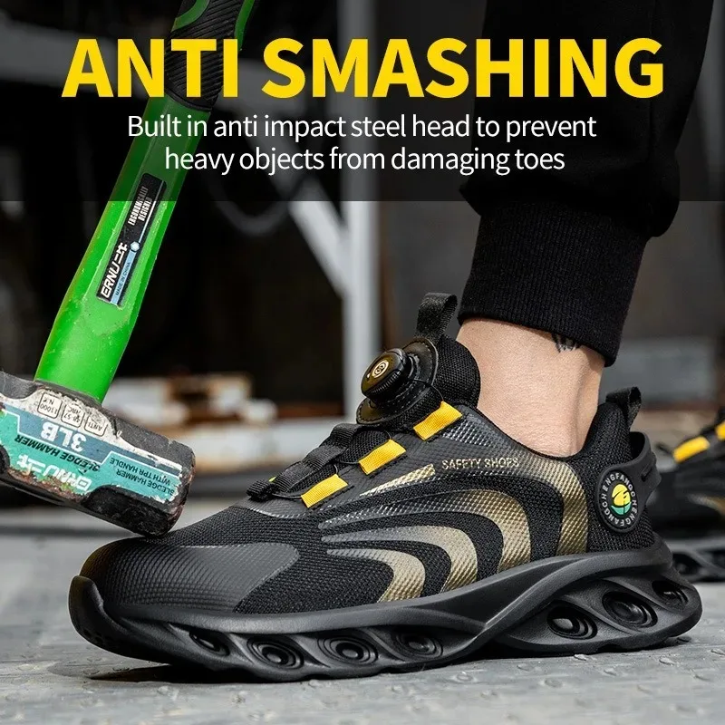 Button Lightweight Steel Toe Safety Shoes Anti Smash Puncture Proof Breathable Slip Resistant Comfort Work Boots