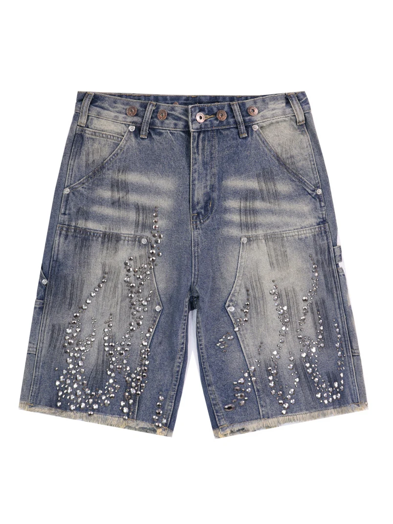 กางเกงยีนส์ทรงตรงประดับเพชร สไตล์อเมริกันเทรนดี้แบรนด์ Ins ประดับคริสตัล สไตล์ลำลองย้อนยุค