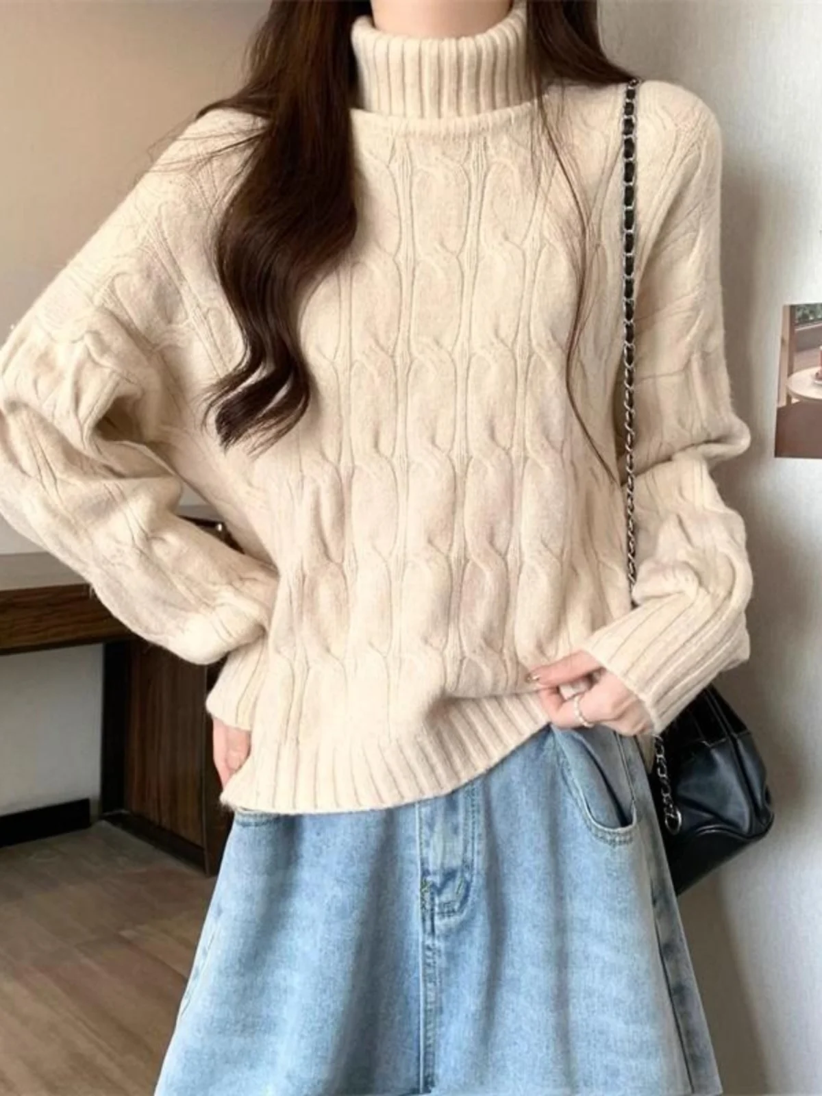 

Red Twist Knitted High Collar Sweater Women's Autumn Winter Small Size Luy Year Nianzi Top Inner Wear Commute Sle Loose Fit