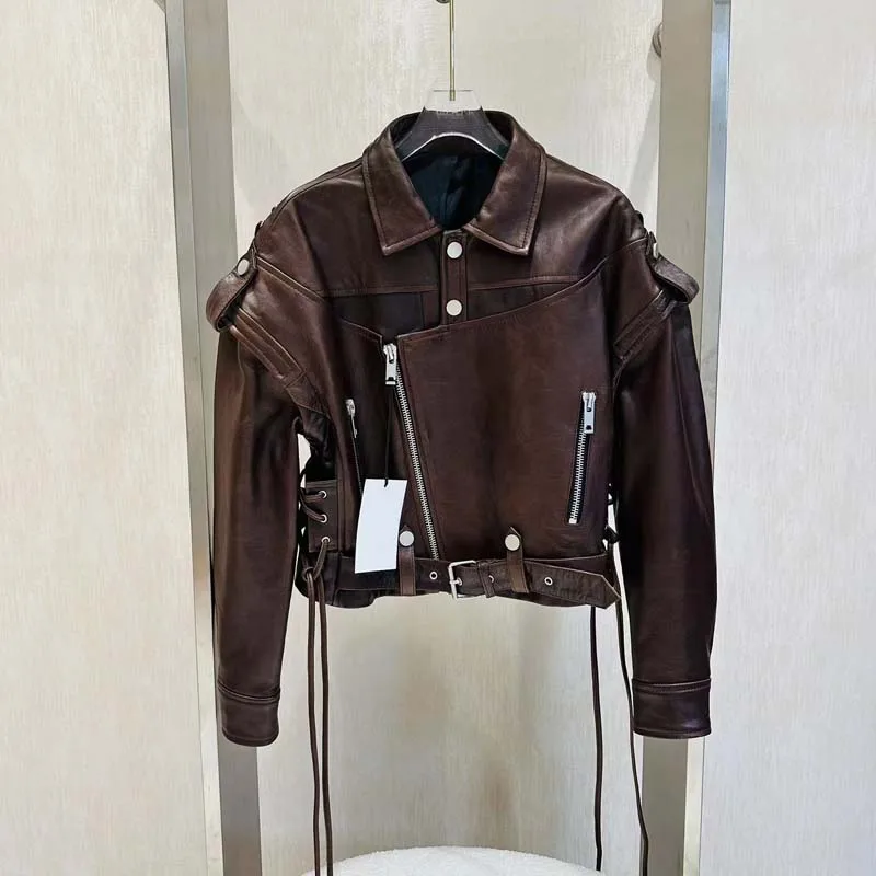 Women Coat Spring And Autumn 2023 Short Length Genuine Leather Jacket With Belt Vintage To Do Old Craft Sleeve Removable