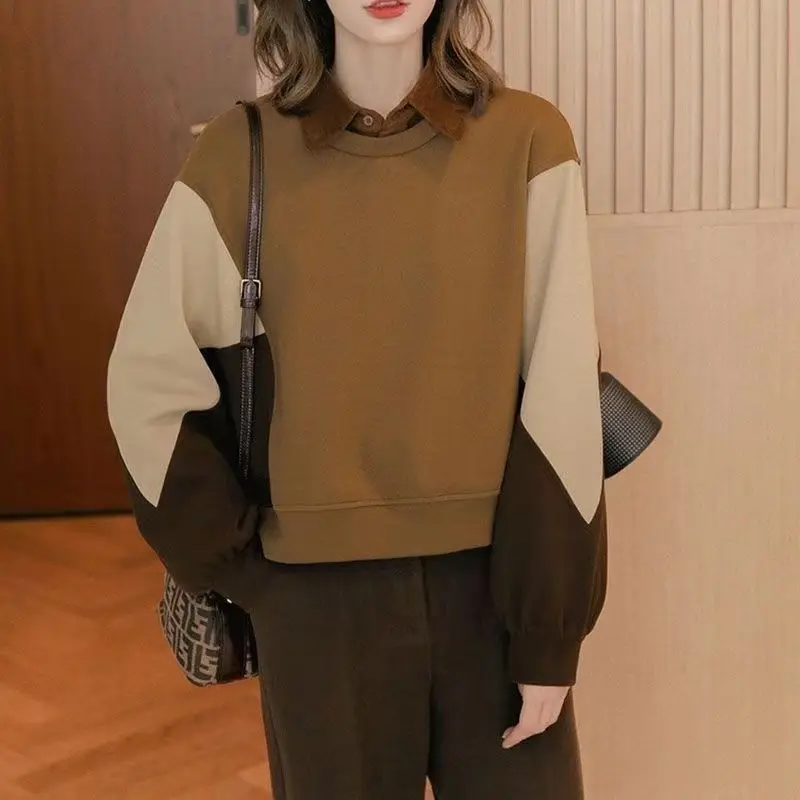 Office Lady Autumn Winter Women\'s Clothing Round Neck Pullover Lantern Long Sleeve Contrast Color Casual Loose Elegant Tops