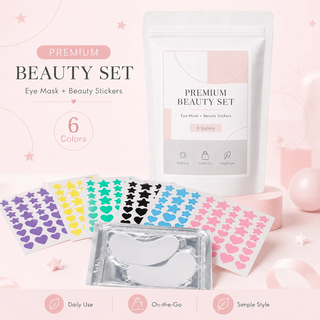 216 pcs+1 pair/432 pcs+3 pairs Star & heart patches + under-eye patches, daily use, face stickers