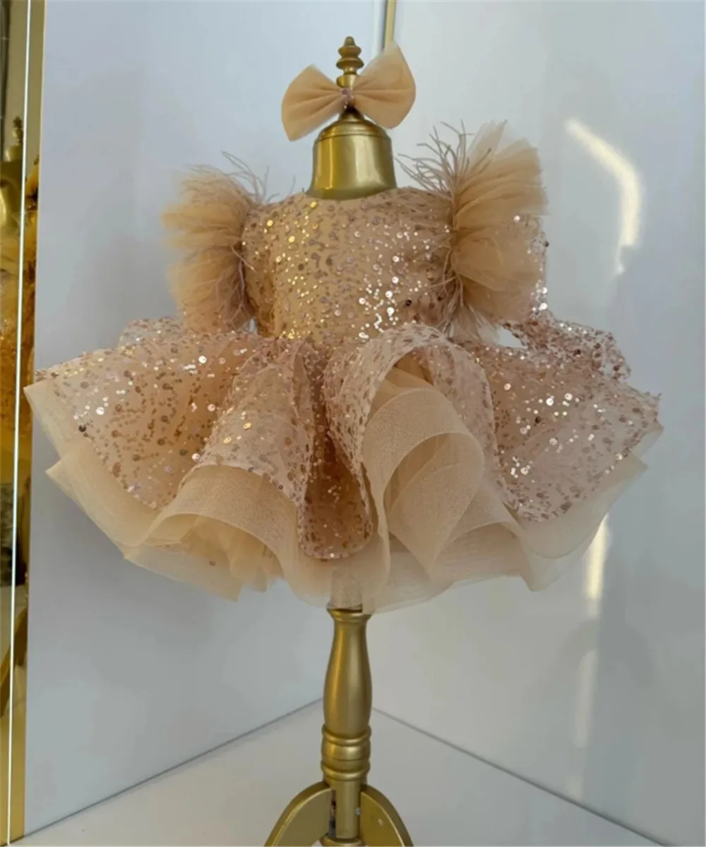 

Customized Flower Girl Dress For Wedding Shining Sequins Puffy With Bow Kids Birthday Party First Communion Ball Gown