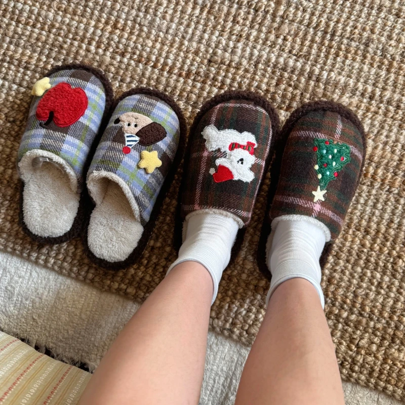 Winter Ladies Cute Christmas Tree Home Slippers Christmas Puppy Cartoon Cotton Slippers Plush Parent-child Couple Cotton Shoes
