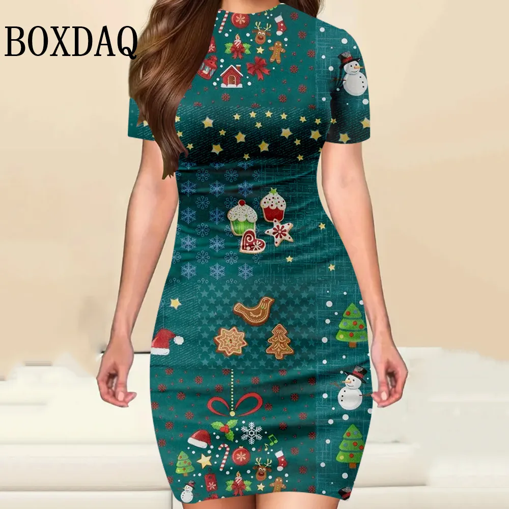 

Летняя женская одежда, мини-платья с короткими рукавами, рождественское платье с мультяшным принтом, 3D сексуальное облегающее женское праздничное платье, новинка 2023 г.