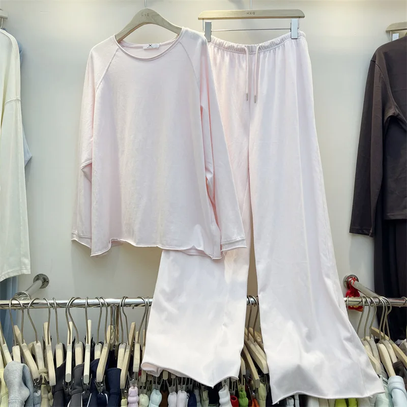 

SuperAen European and American Style Solid Casual Long-sleeved Top for Women Loose-fitting Long Wide-leg Pants Sets