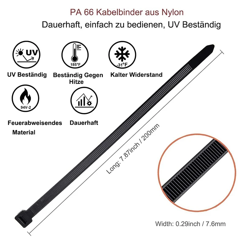 1 Apr.Cable Ties Black Pack Of 300 Mm X 7.6 Mm UV Resistant Ultra With 75 Kg Tensile Strength Heat Resistant Durable