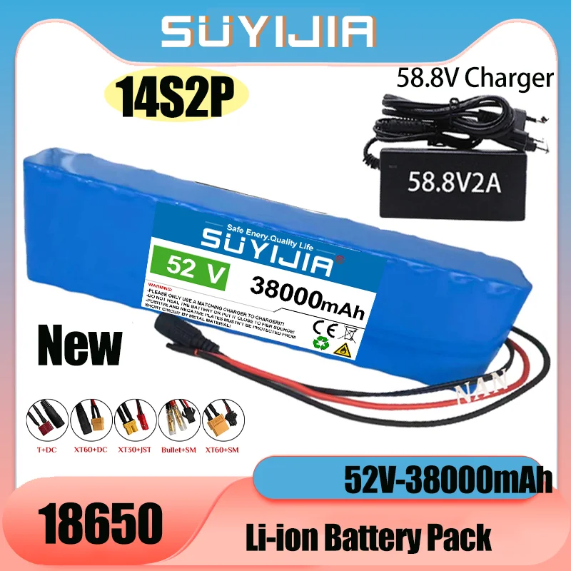 

New 14S2P 52V 38000mah Lithium Batteries Pack 18650 Built-in Smart BMS for E-Bike Unicycle Sightseeing Cars +58.8V 2A Charger