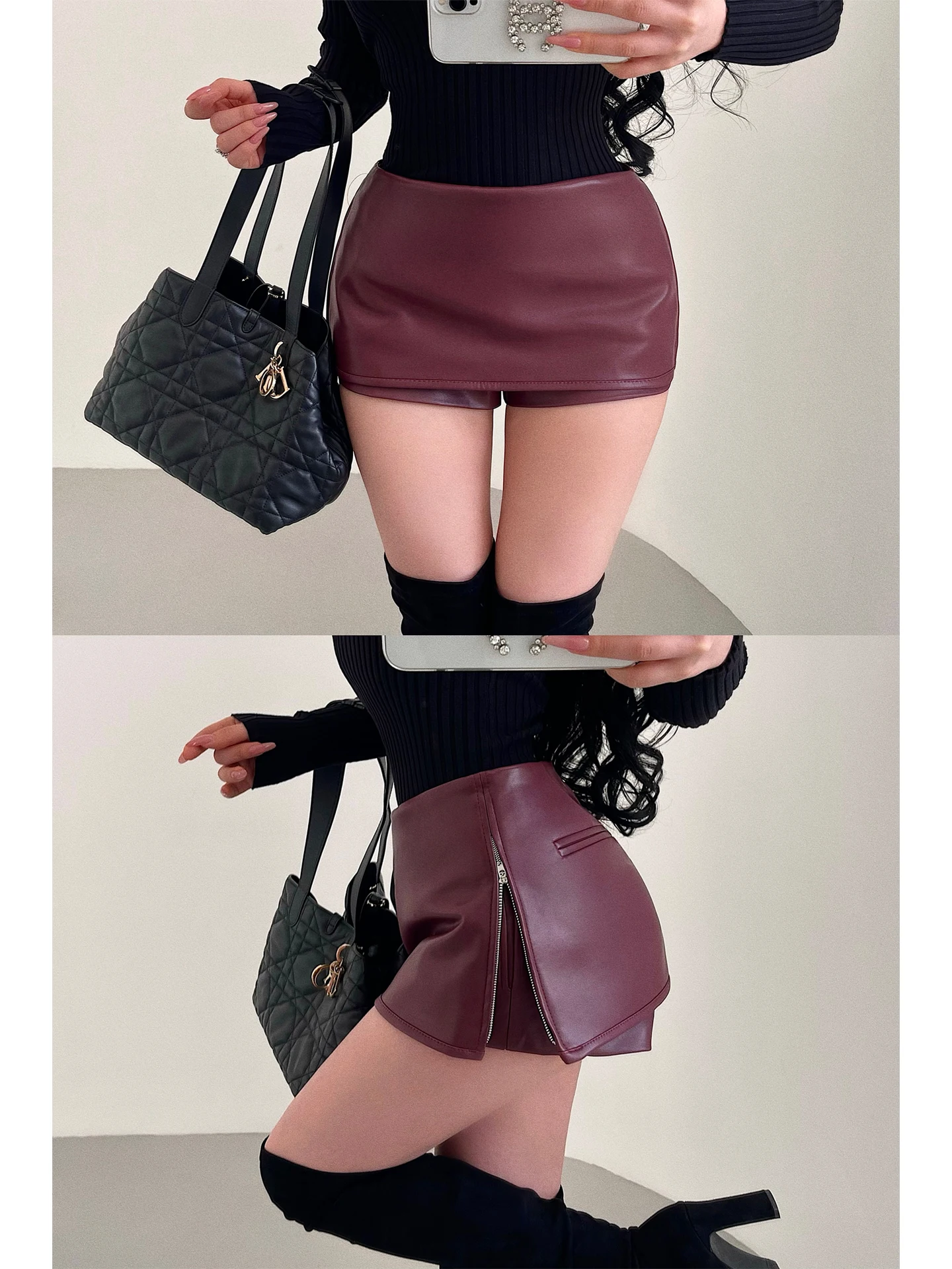 Sexy Short PU Leather Skirt Pants High Waist Zipper Design Half Length Side Slits Women's Fashion Trendy Skirt