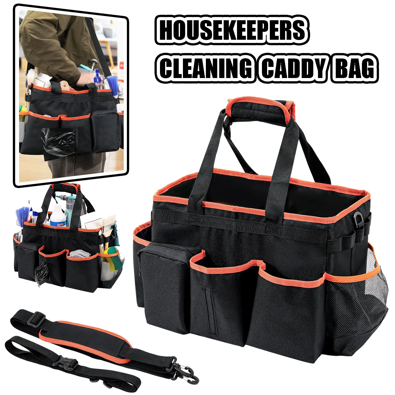 Housekeeper Cleaning Caddy Bag Foldable Cleaning Supply Bag with 5 Compartment Wearable Cleaning Detailing Organizer Tote Bag