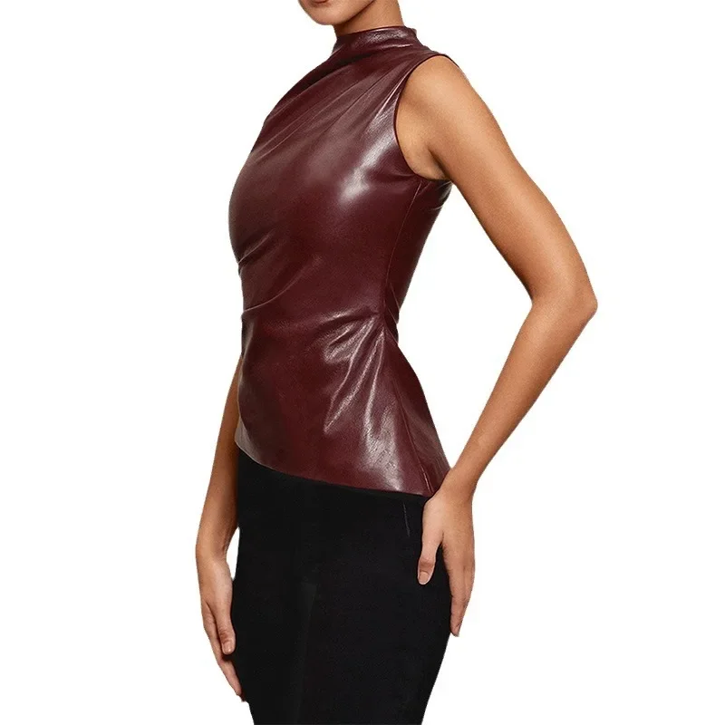 Europe and the United States wind women's new leather pile collar personality waisted oblique sleeveless tops women undershirts