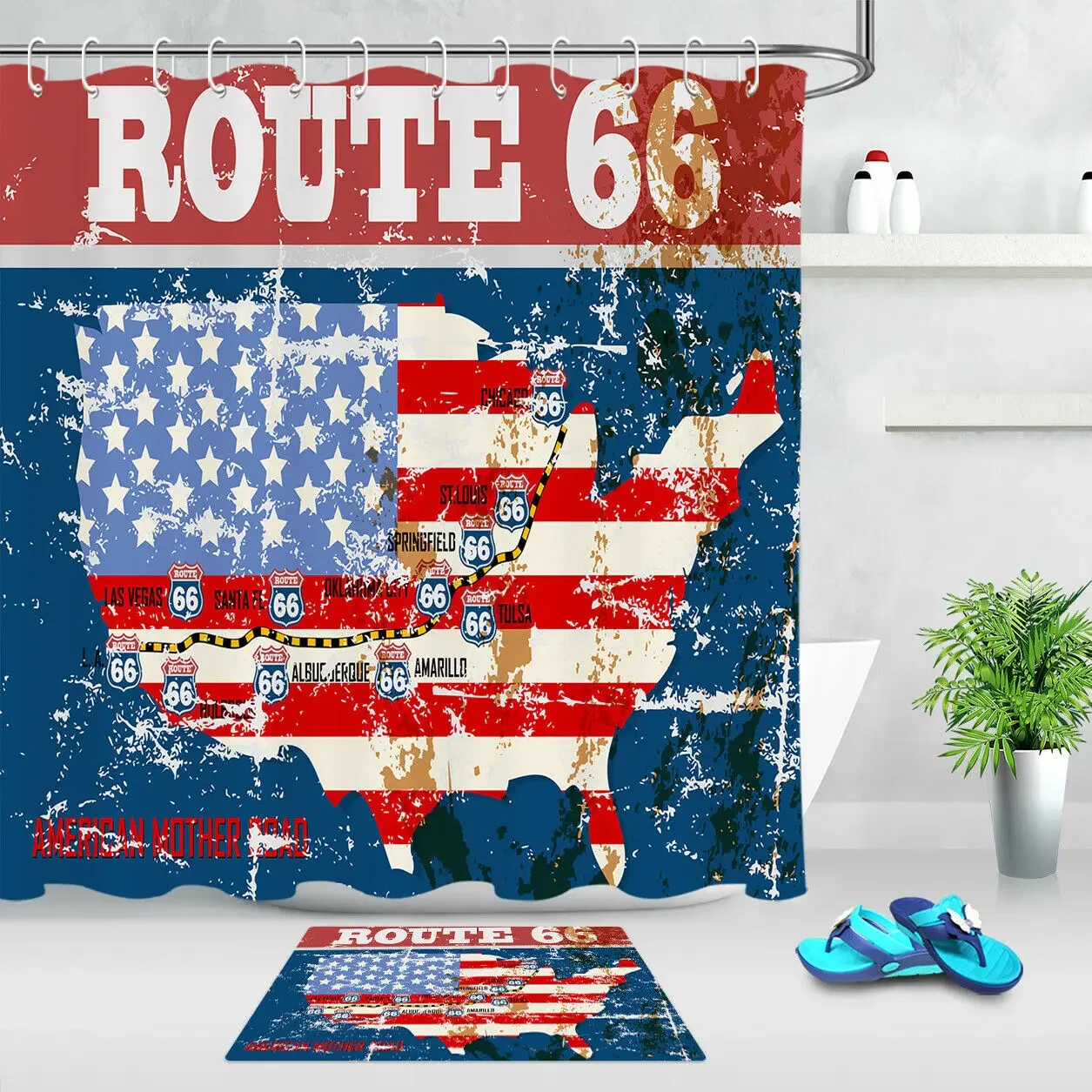 Grungy Route 66 Road Map Shower Curtain Polyester Fabric Bath Accessory Sets