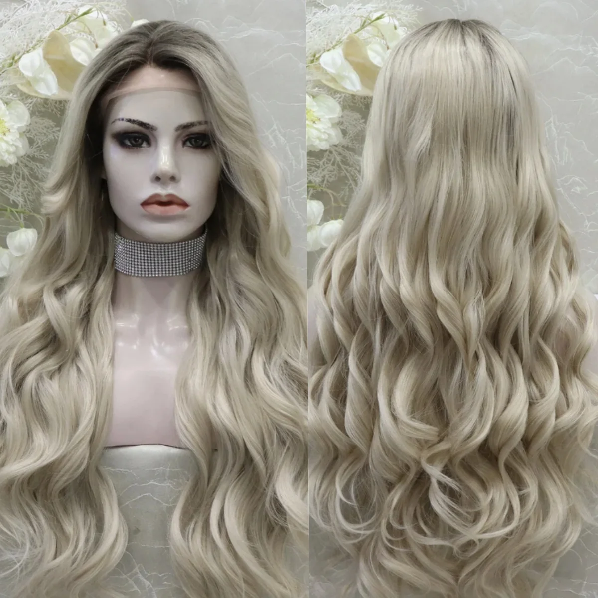 

Ombre White Blonde Wigs For Women Body Wave Synthetic Lace Frontal Wig Female Pre Plucked Natural Hairline Heat Resistant Fiber