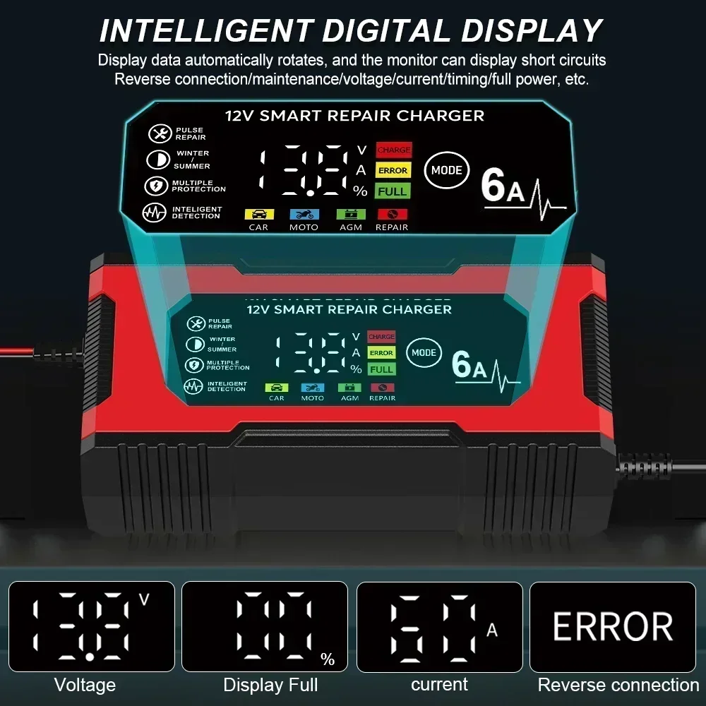Caricabatteria per auto intelligente 6A 12V Caricabatteria per auto e moto al piombo e mantenitore di riparazione a impulsi intelligente