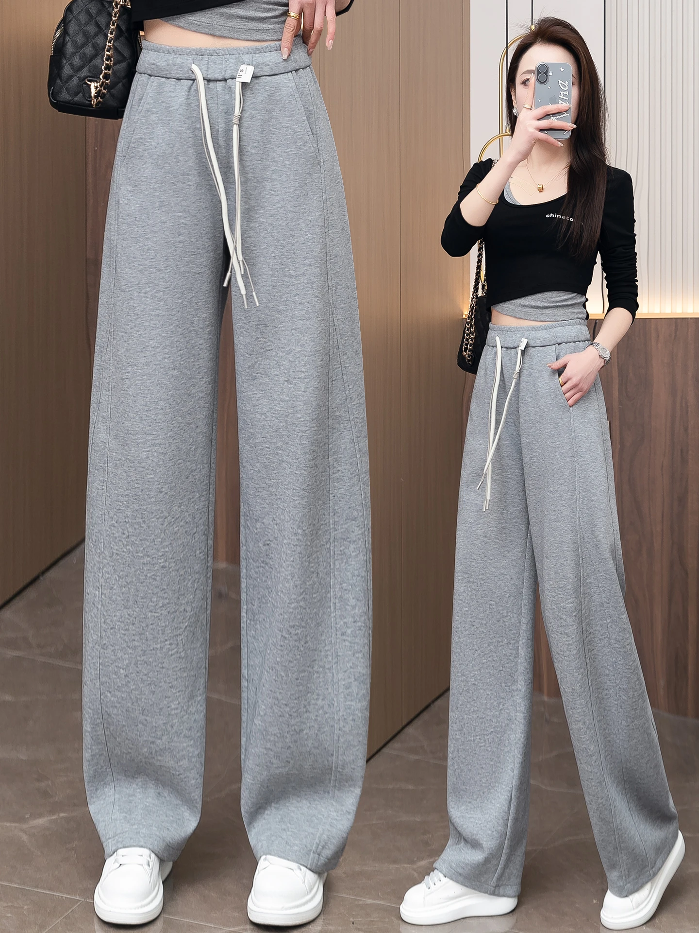 

Grey Sports Banana Pants Women's Loose Wide Leg Casual Trousers High Waist Elastic Waist Spring Autumn New Style Slimming