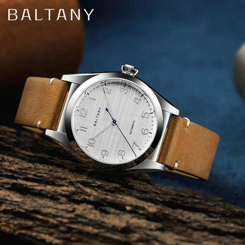 

Baltany Dress Wristwatches NH38 Sapphire Crystal Genuine Leather Heat-treated blue hands Stainless Steel Automatic Retro Watch