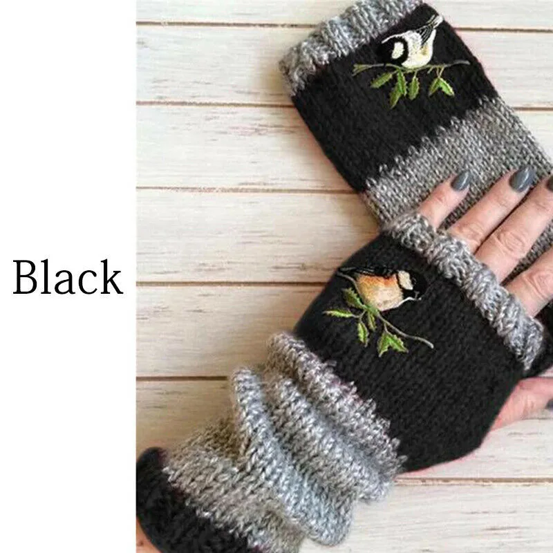 Women Embroidery Birds Gloves Cotton Fingerless Glove for Women Knitted Block Splice Mittens Girls Gloves Flip Knitting Mittens