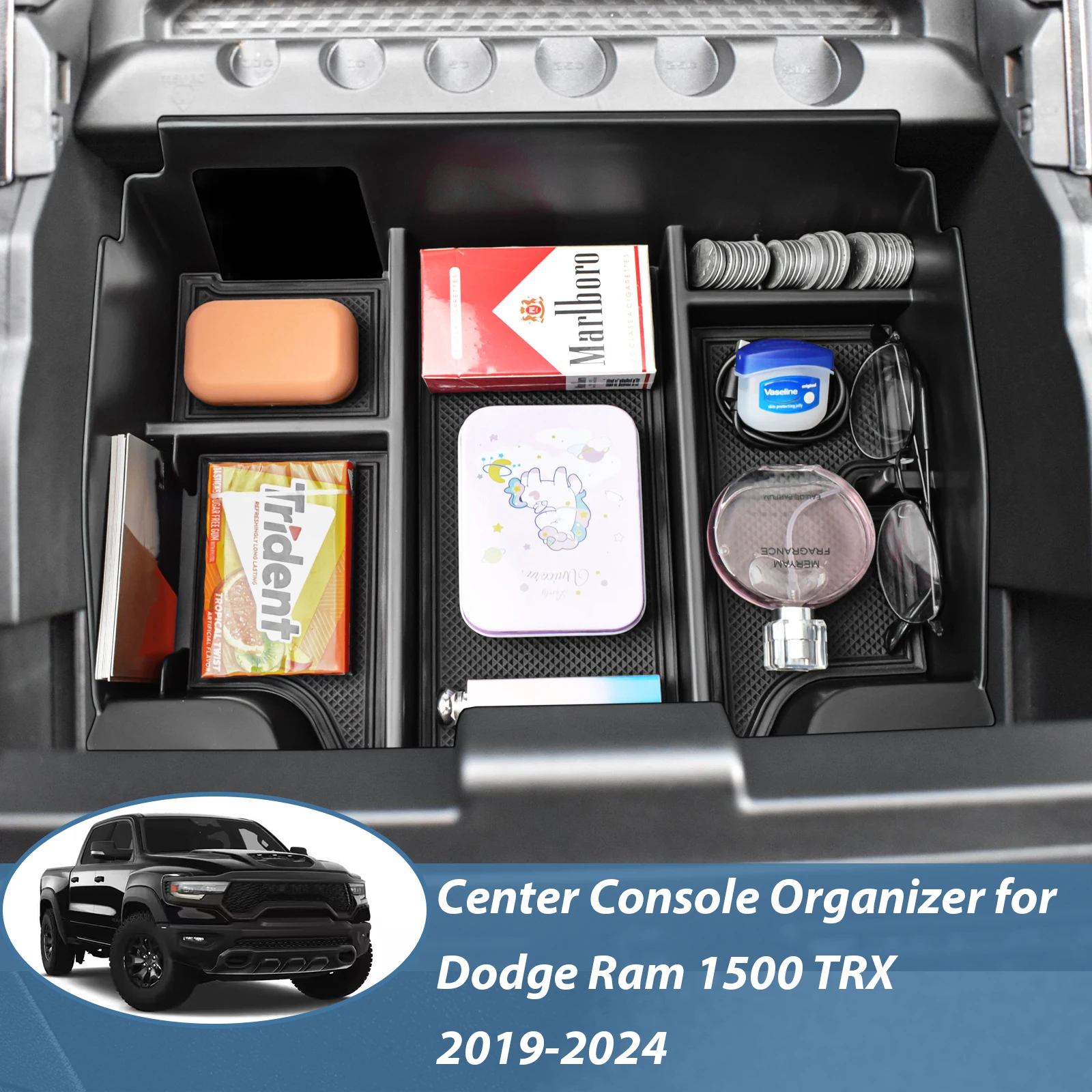 

For Dodge Ram 1500 TRX 2019-2023 2024 Armrest Storage Organizer ABS Accessories Phone Coin Holder Center Console Tray Storage