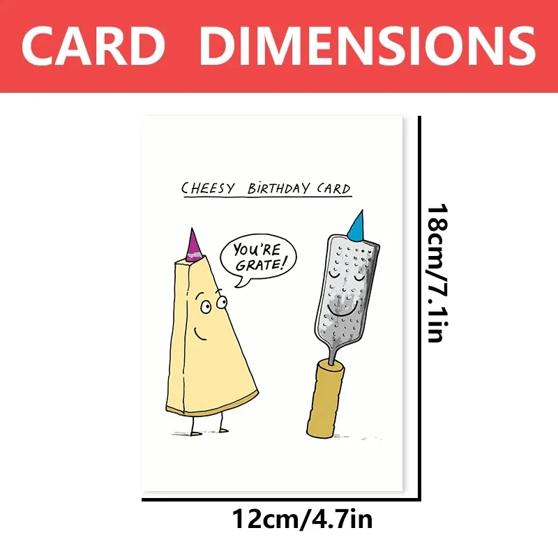 1 pc fun birthday card with a cute comic cheese pattern. The perfect gift for your partner\'s family, colleagues and friends.