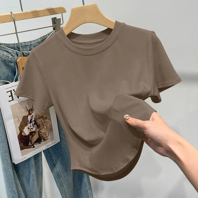 Summer Short Sleeve T-Shirt Women's New 2025 Asymmetrical Large Atmosphere Meat Covering Summer Shoulder Simple round Neck Ve...