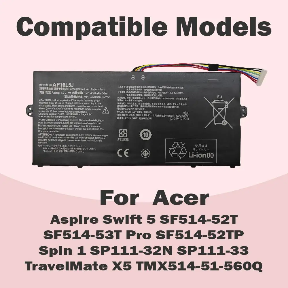 AP16L5J New Replacement Battery For Acer Aspire Swift 5 SP111-32N SF514-52T Spin 1 2ICP4/91/91 36Wh 7.7V AP16L8J