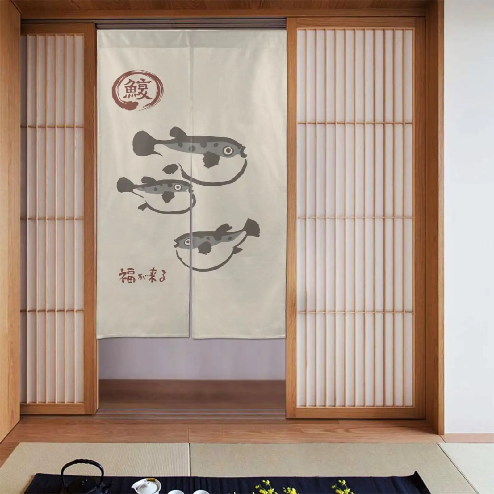 

One Japanese-style partition curtain, featuring floral and fish patterns, suitable for entrance, corridor and bedroom.