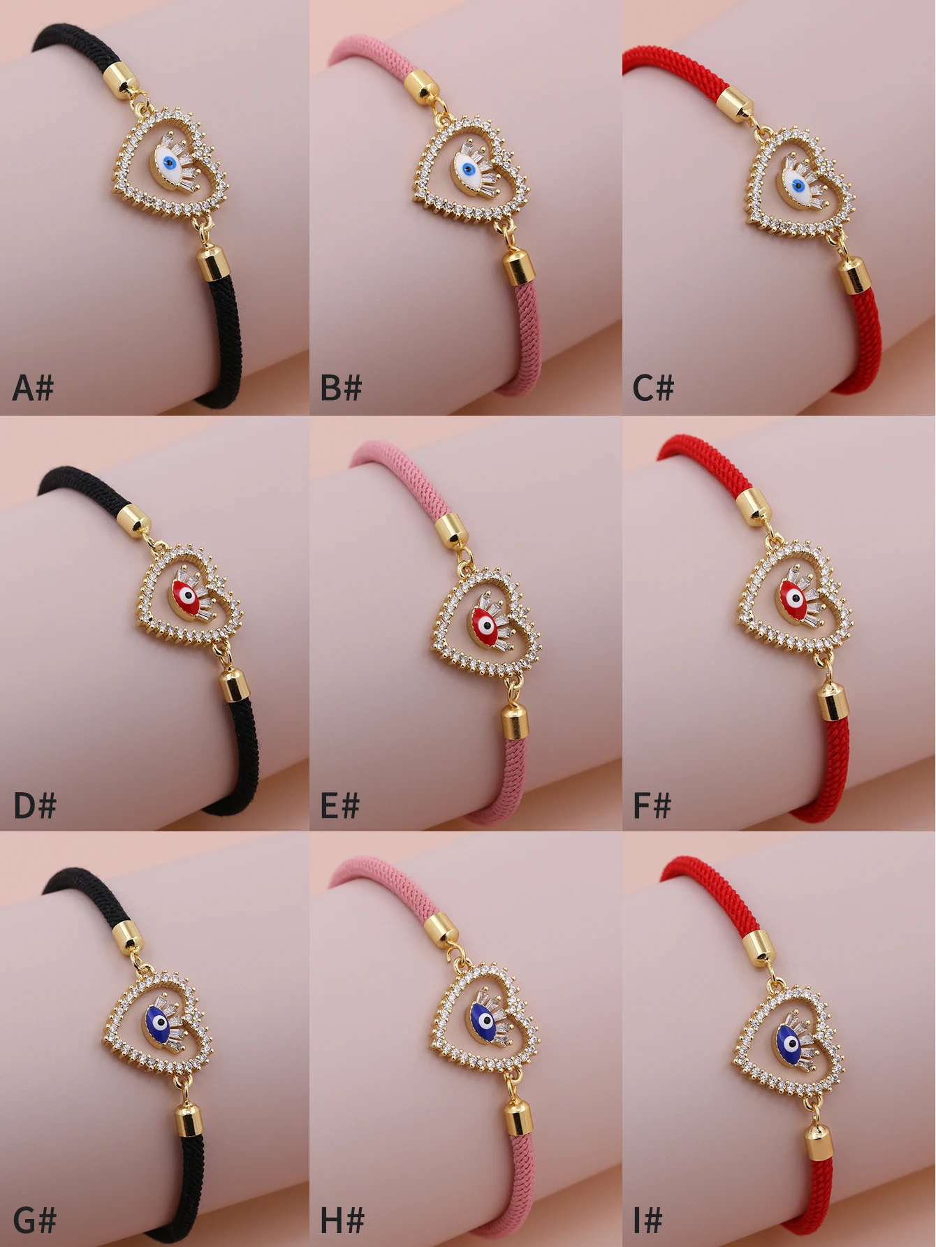 Fashion Hot Selling Jewelr Heart Blue Red CZ Eye Demon Evil Eye Red Black White Rope Handmade Woven Adjustable Knot Bracelet