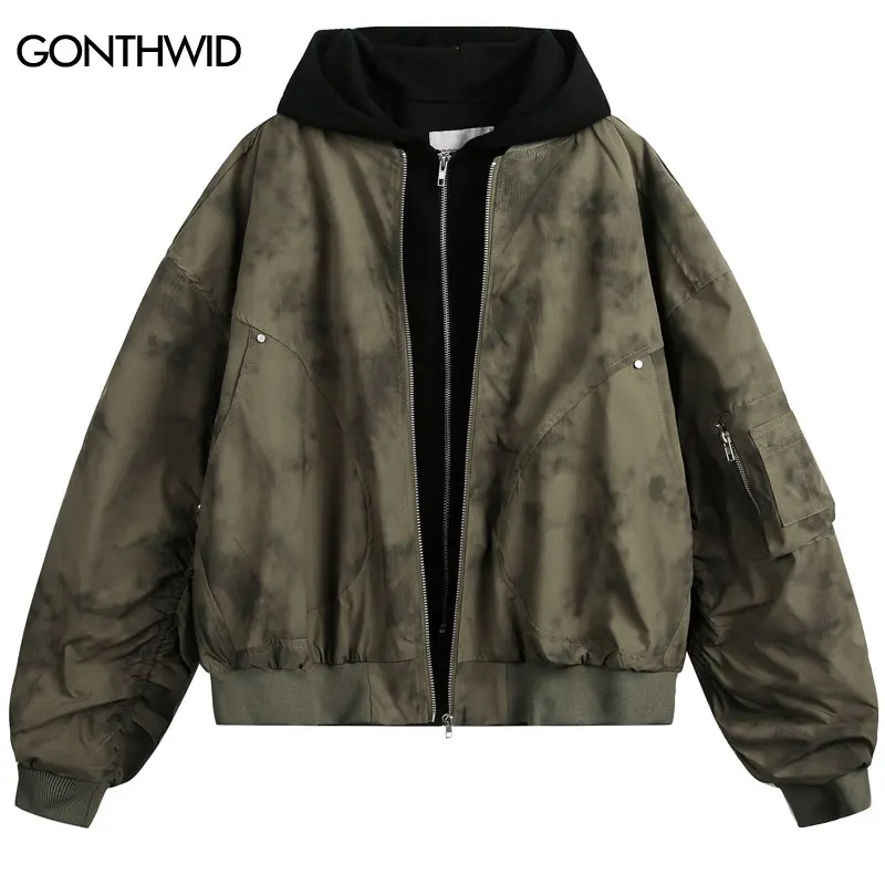 

Vintage Hooded Jackets Y2K Men Tie Dye Double Zipper Up Military Tactical Bomber Coats Streetwear Hip Hop Harajuku Baggy Jackets