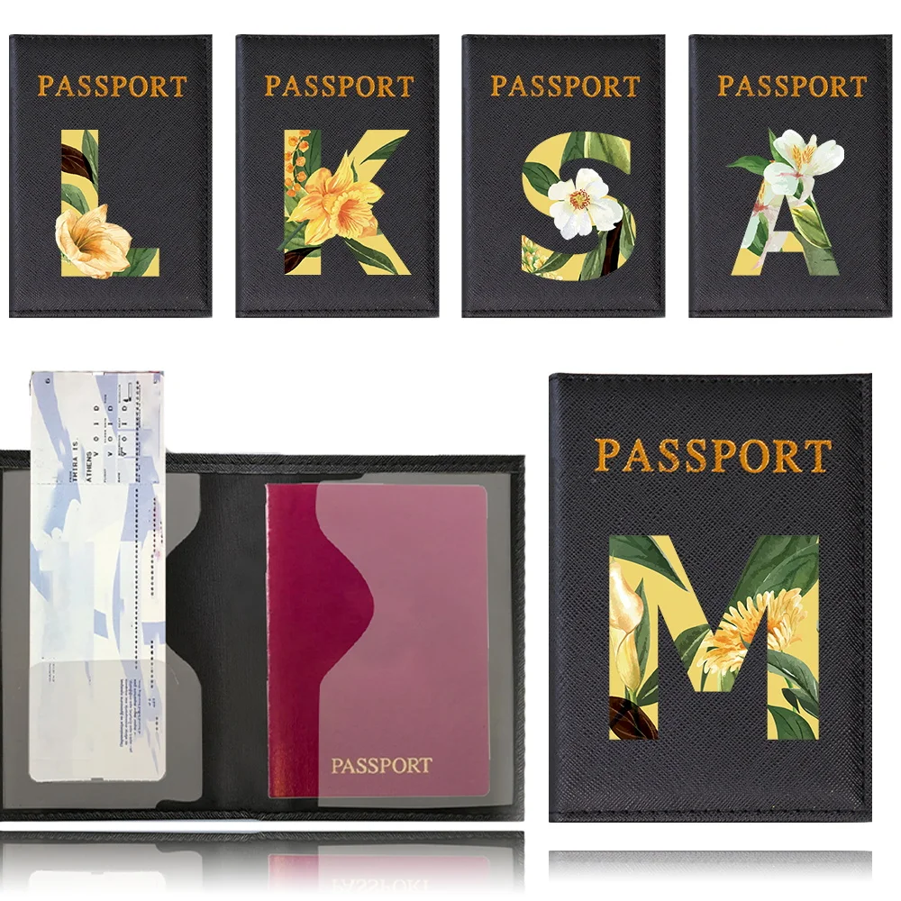 Passport Holder Travel Wallet Leather Passport Cover Cards Travel Wallet Document Organizer Case Floral Letter Name Pattern