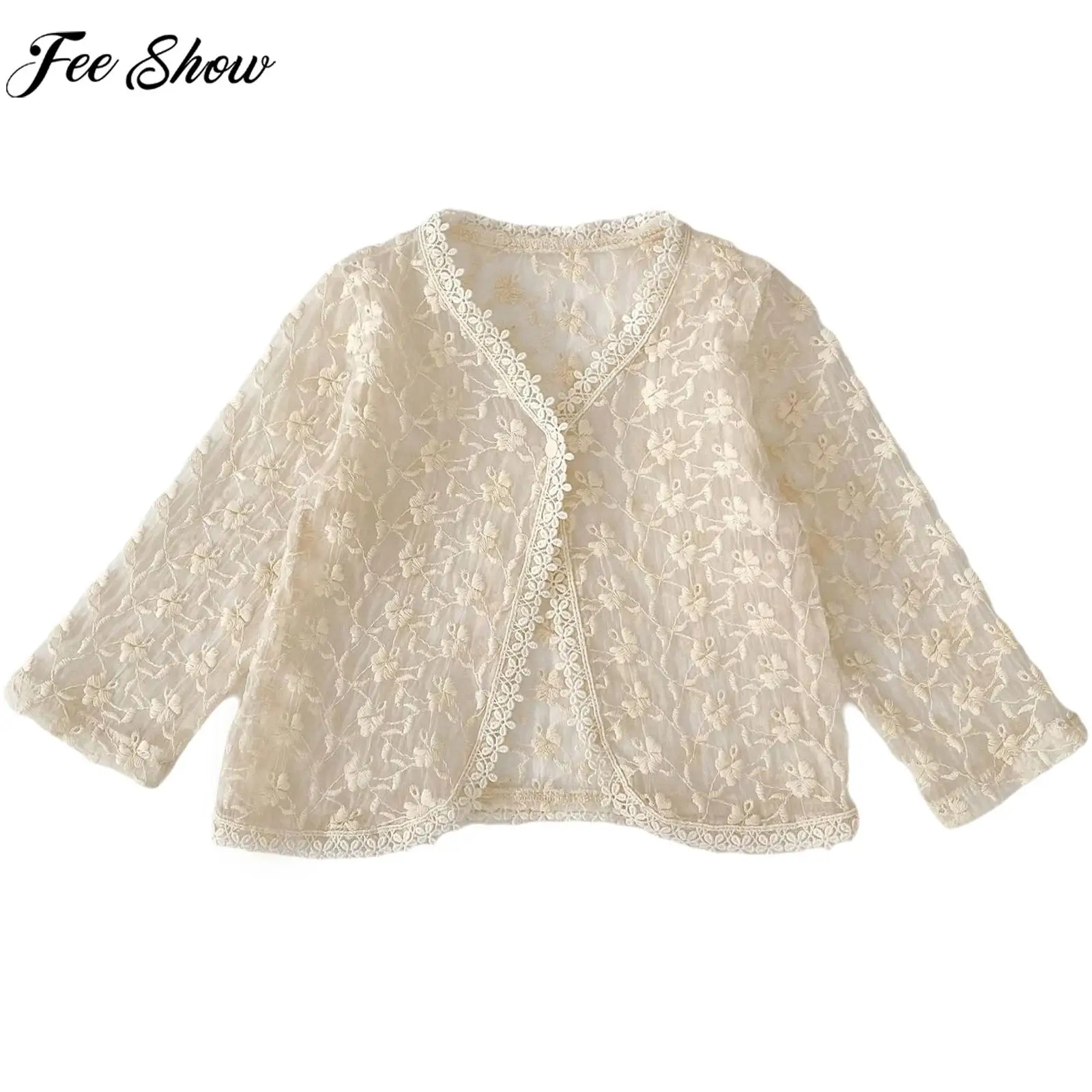 

Toddler Girls Summer Sweet Lace Bolero Cardigan Long Sleeve Air-conditioned Sun-protective Tops Outerwear Homewear Daily Wear