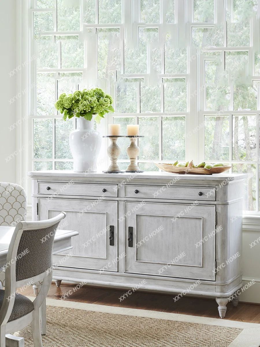 L Rural Solid Wood Dining Side Cabinet White Old Retro Style Neoclassical Villa Model Room Entrance Cabinet