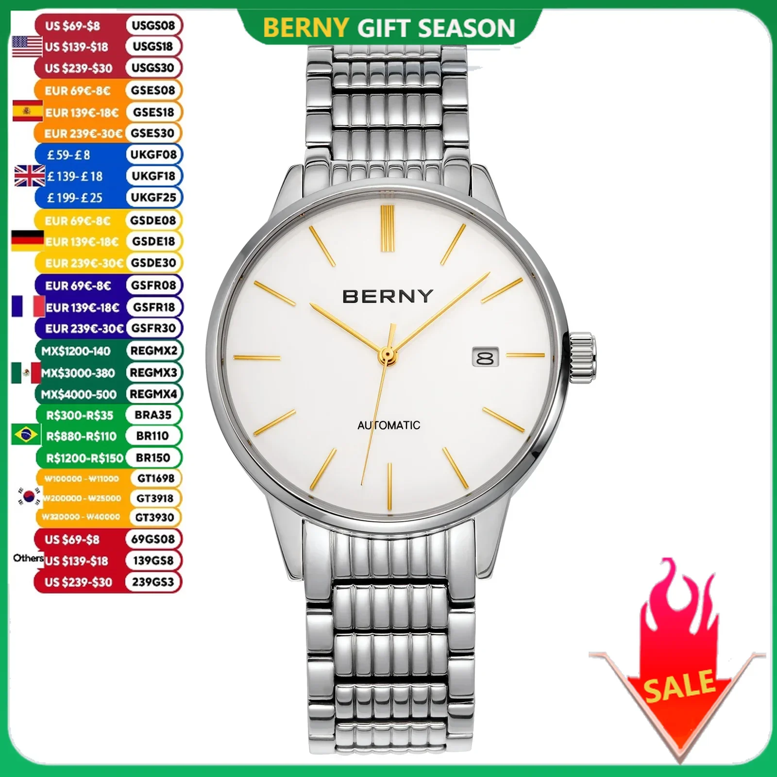 BERNY Automatic Watch for Men High-end Luxury Brand Mechanical Wristwatches Sapphire Full Stainless Steel Dress Men\'s Watches