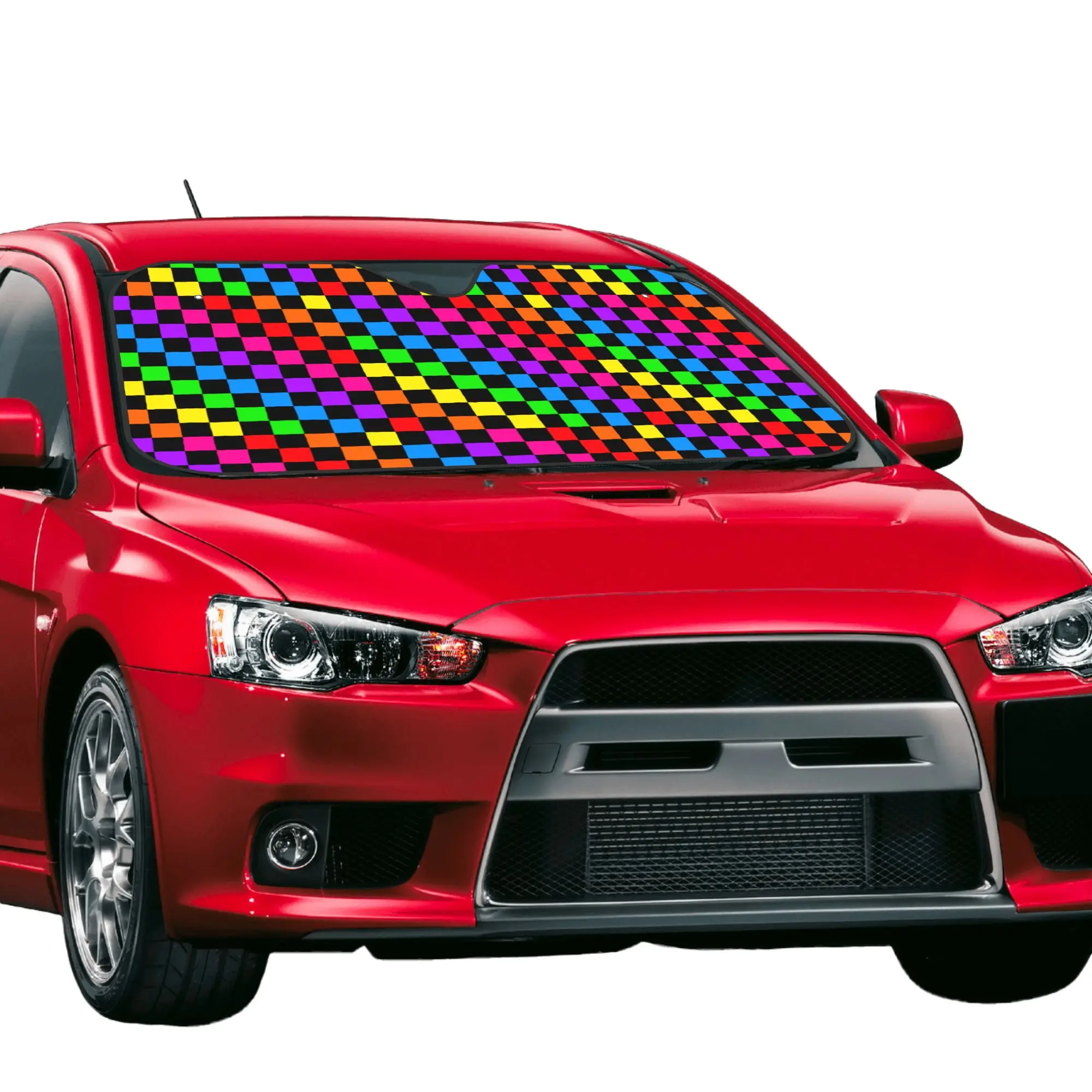 Rainbow Checkers Checkerboard Car Front Windshield Sun Visor Car Sun Shade Heat Insulation Cover  Aluminum Foil Car Sunshade