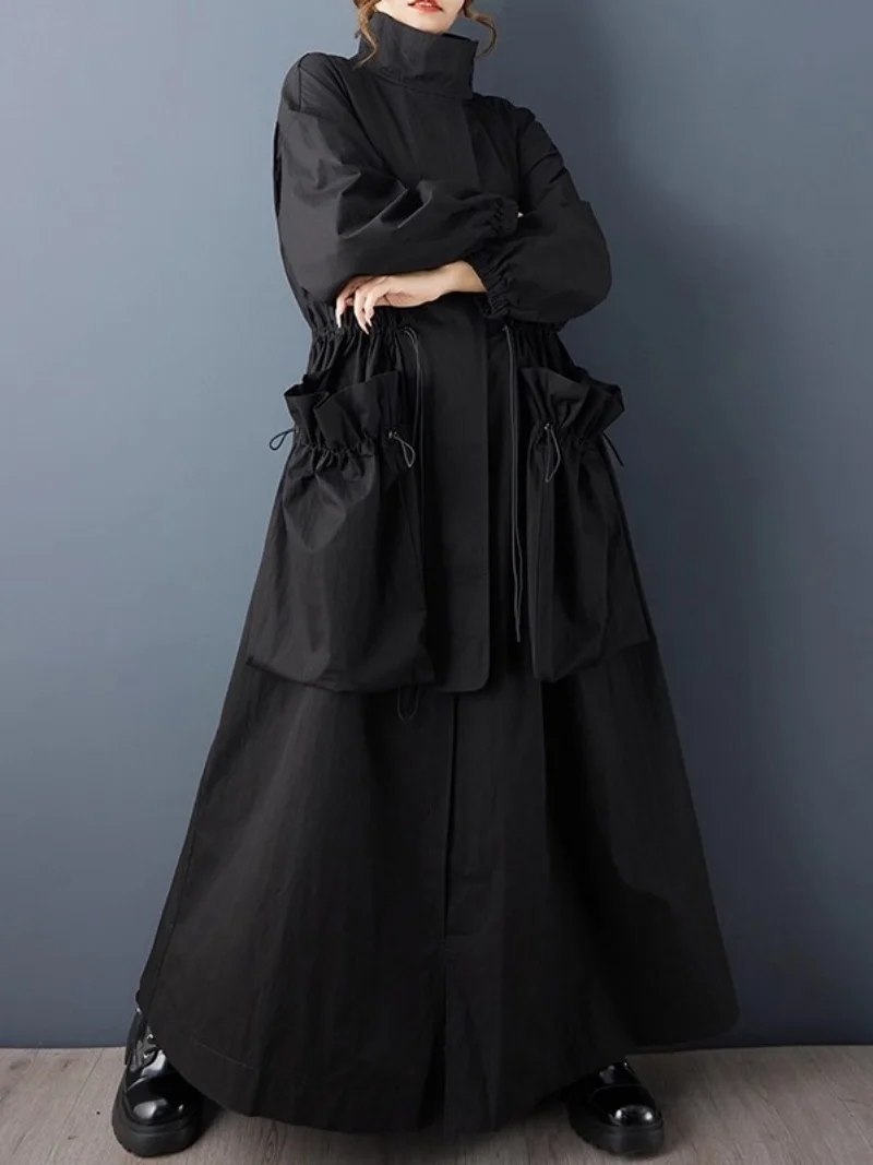 

2025 Autumn And Winter Windbreaker Jacket Women Dark Style Fashionable Loose Drawstring Long Outerewear w1684