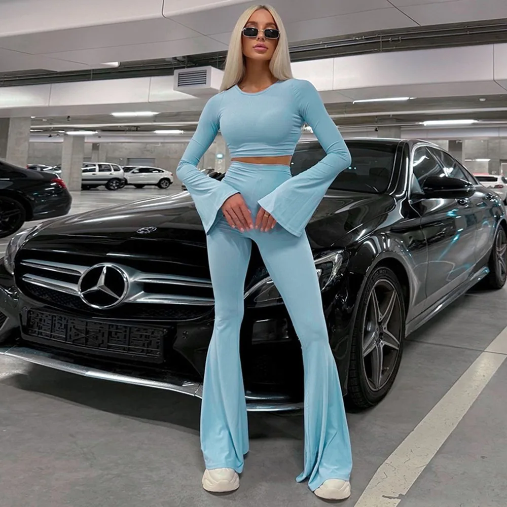 

Женская одежда, осенне-зимний новый вязаный однотонный повседневный топ с длинными рукавами, расклешенные брюки, спортивный комплект из двух предметов