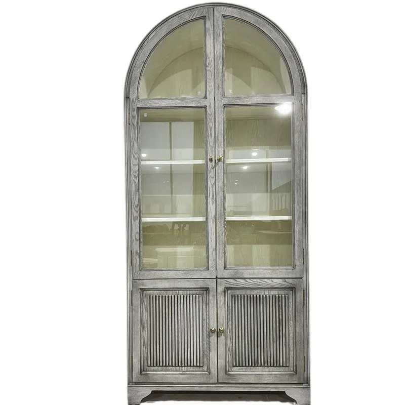 

American country solid wood bookcase French retro red oak glass door storage side cabinet