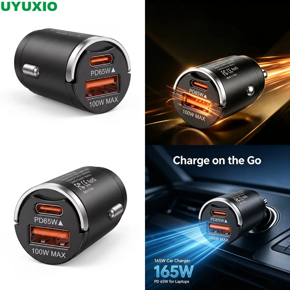 165W High Power Car Charger with 65W USB C and 100W USB A Outputs for Phones Tablets and Laptops Compact Zinc Alloy Metal Body
