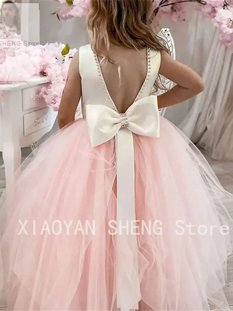 Pink Flower Girl Dresses For Weddings Pearl Neckline Open Back Princess 1st Communion Dress With Bow Kids Formal Party Gowns