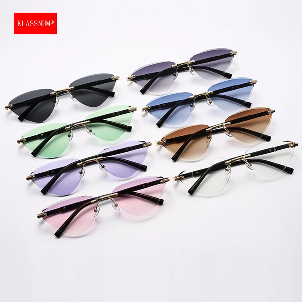 KLASSNUM Y2k Sunglasses Triangle Cat Eye Sunglasses Women Rimless Metal Glasses Men Driving Shades Halloween Cosplay Eyepiece