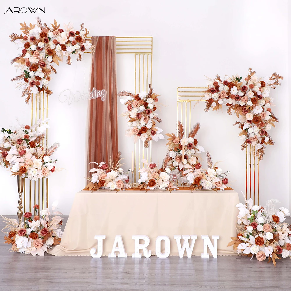 

Customized Artificial Flower Arrangement White Rose Brown Leaves Floral Runner Table Centerpiece for Wedding Baby Shower Decor