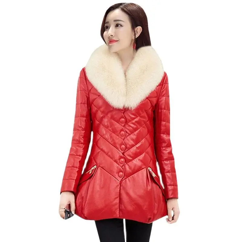 

UHYTGF Winter leather jacket women clothing basic coat Faux fox fur collar thick Single-breasted down cotton coat Outerwear 635