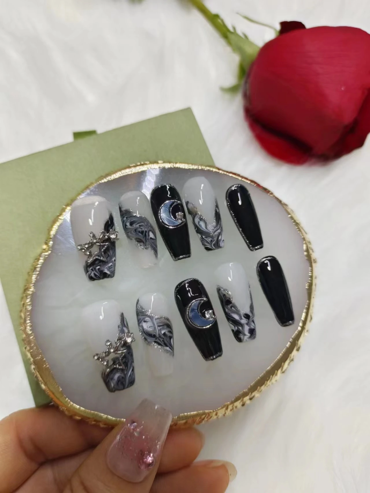 Handmade 10pcs Middle coffin french  custom artificial moon stars finger nails Press on nails tips