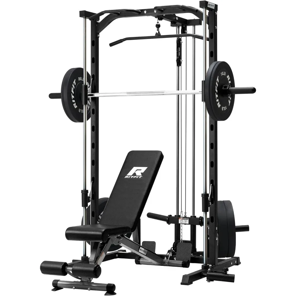 

Machine Power Rack with LAT-Pull Down System, Landmine, Barbell Bar, Plate Storage Pegs and More Training Attachment