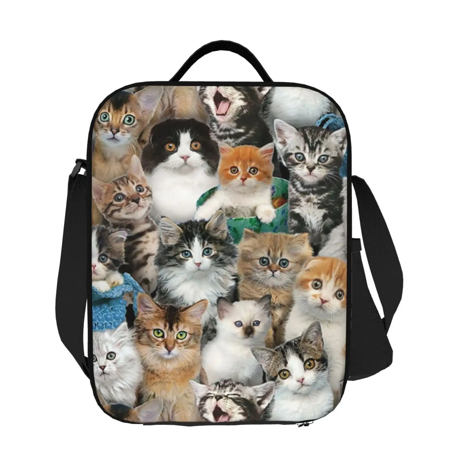 Cute Cat Insulated Lunch Bag for School Work Picnic Beach Reusable Thermal Cooler Tote with Shoulder Strap