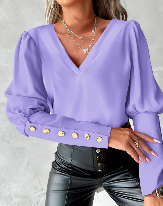 Woman Blouse 2023 Spring Autumn Fashion Backless Buttoned Design Gigot Sleeve V-Neck Casual Plain Long Sleeve Daily Top