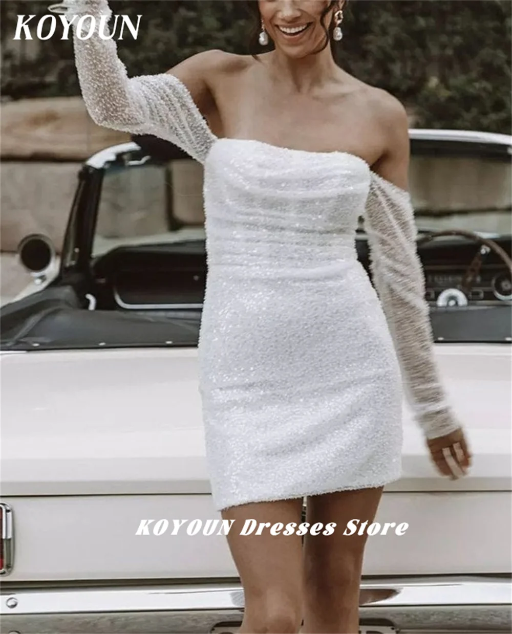 KOYOUN Sexy Short Wedding Dress Off Shoulder Gelinlik 2024 Sequins Mini Bridal Party Dress