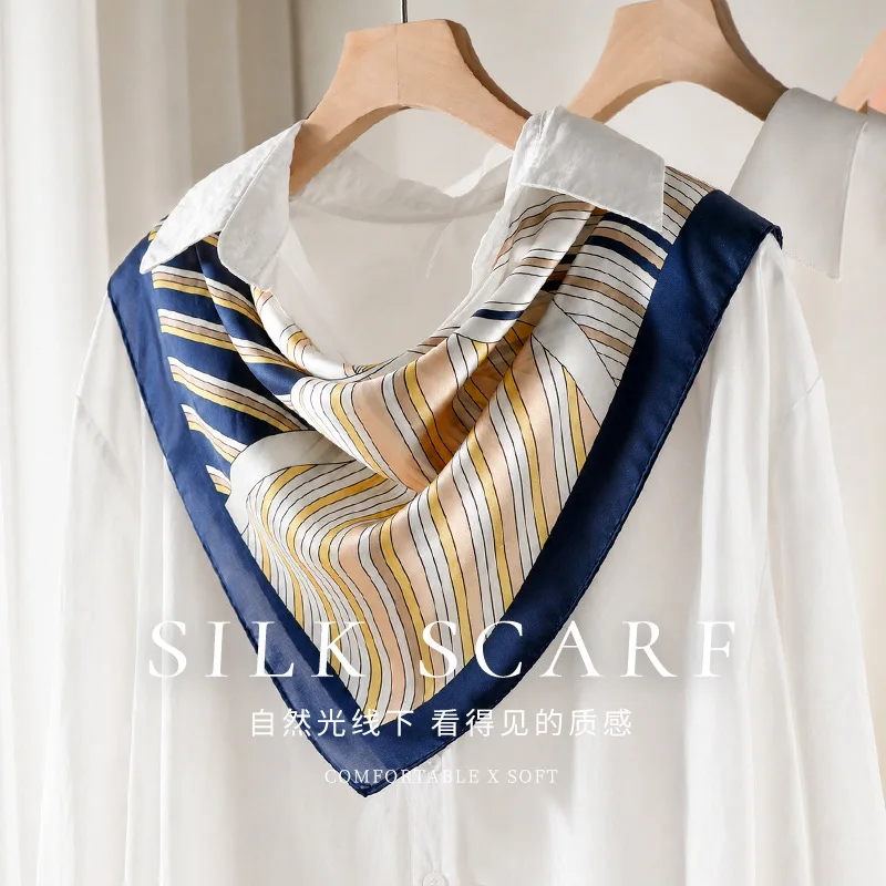 2026 65x65cm 100% Mulberry Silk Striped Scarf for Women Yellow White Print Bandana Hair Scarf Soft Lightweight Head Scarf Wrap