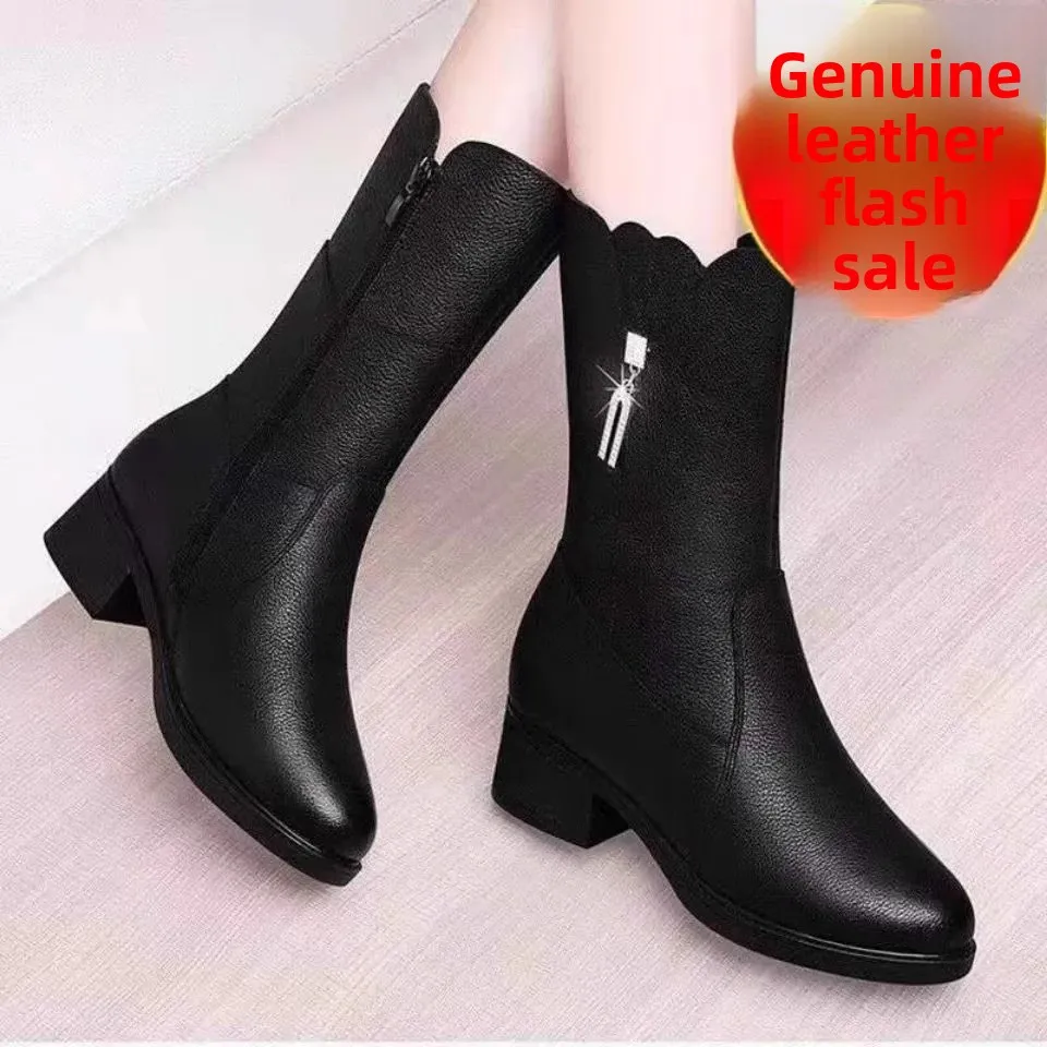 

Genuine Leather Snow Boots Women's Mid-Calf Winter oes Comfortable round Toe Mid-Heel Thiened Rubber Outsole Faion Boots