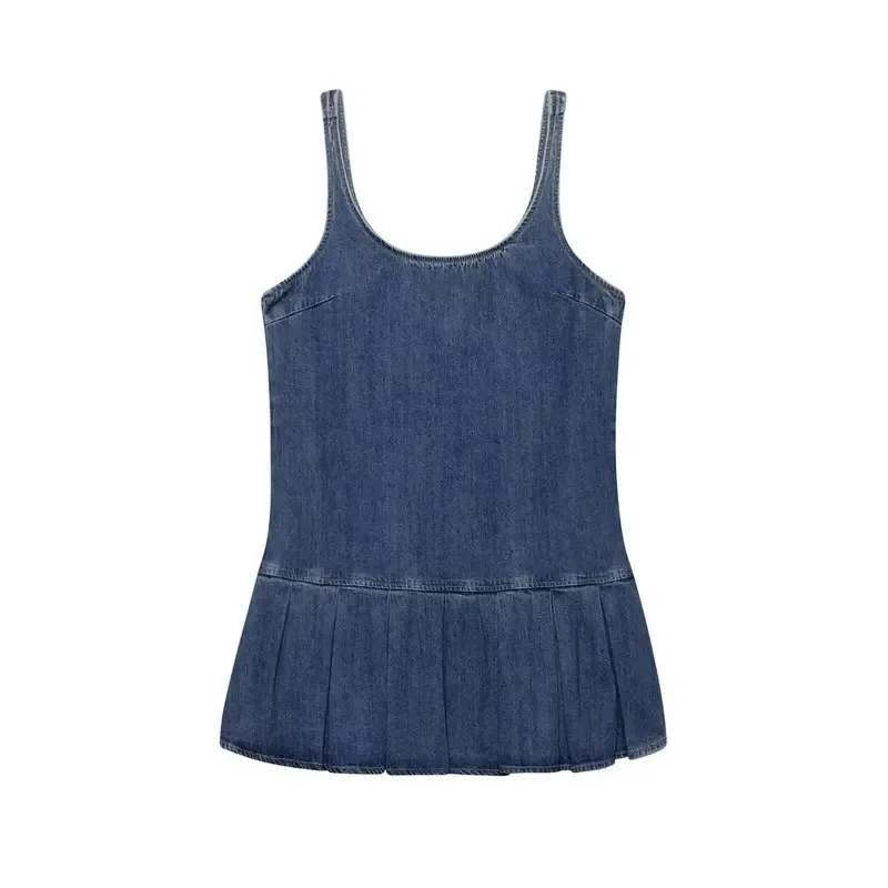 

Women's Wide Pleated Denim Dress round Neck Spaghetti Strap Casual Commuter Style with Metal Back Zip Short Dresses